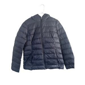 Eddie Bauer women's black ultra-light down hooded jacket L c1